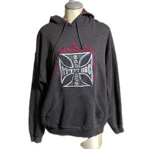 Big Dogs Bad Attitude Chopper Cross Flames Grey Hoodie Mens XL Biker